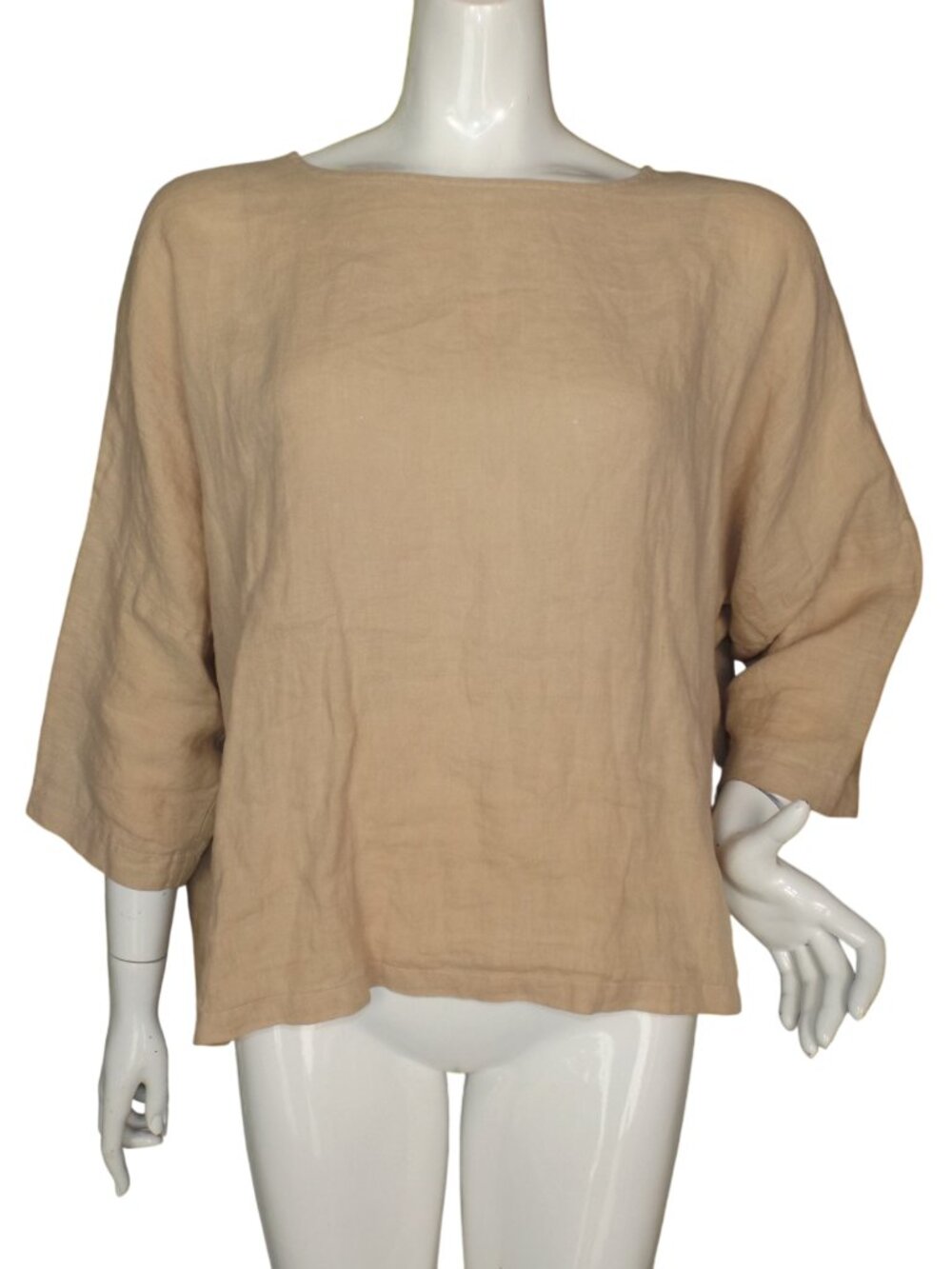 BLACK CRANE Linen Tunic, L, Boatneck, Cinch Back, Unstructured, Beige, 3/4 Slvs